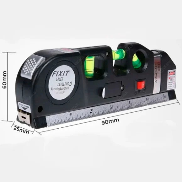 Nivel con Laser, cinta métrica y regla